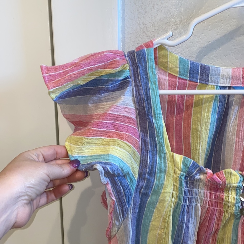 Euc Size L Large Flutter Sleeve Rainbow Stripe Dr… - image 3